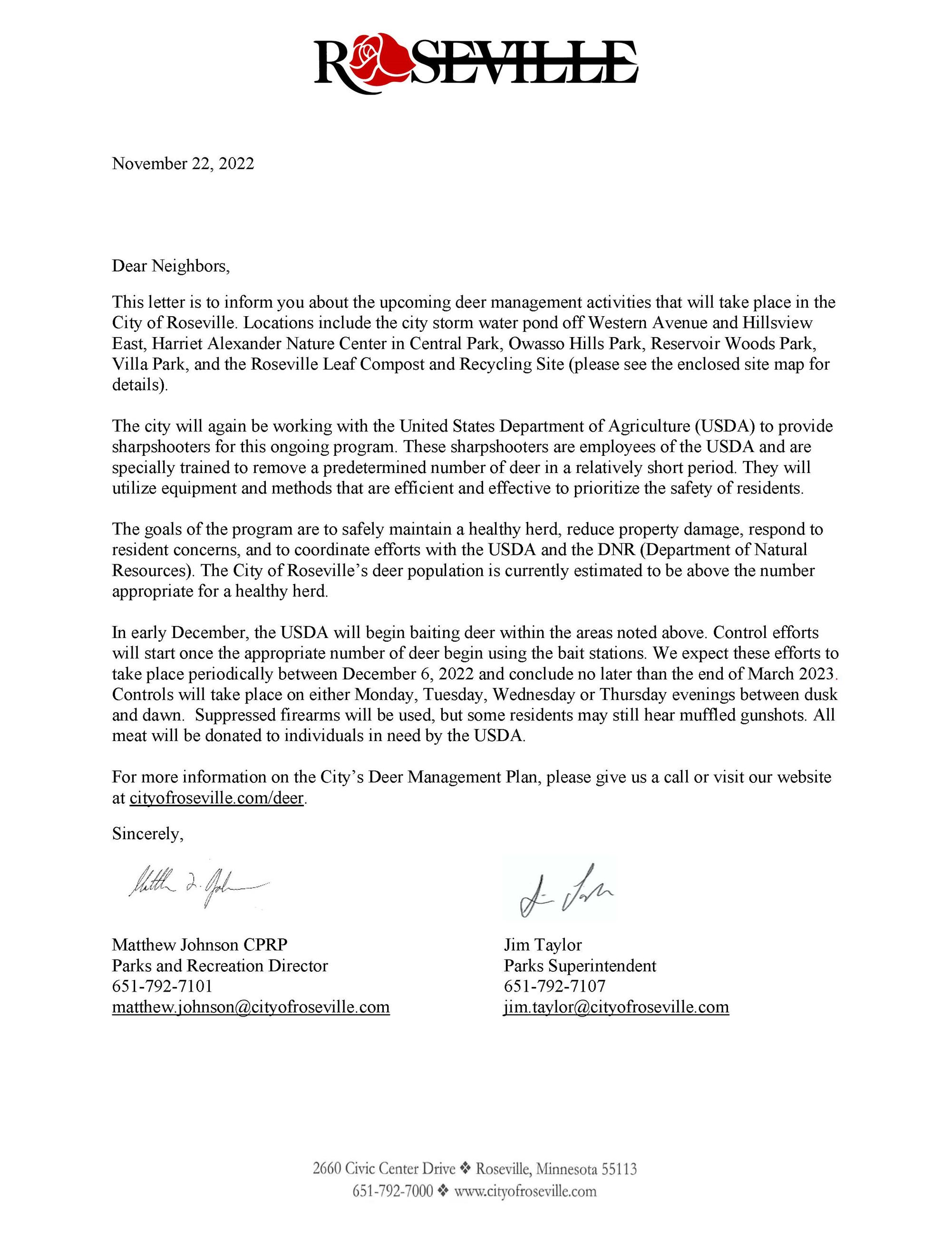 2022-2023 Deer Reduction Letter