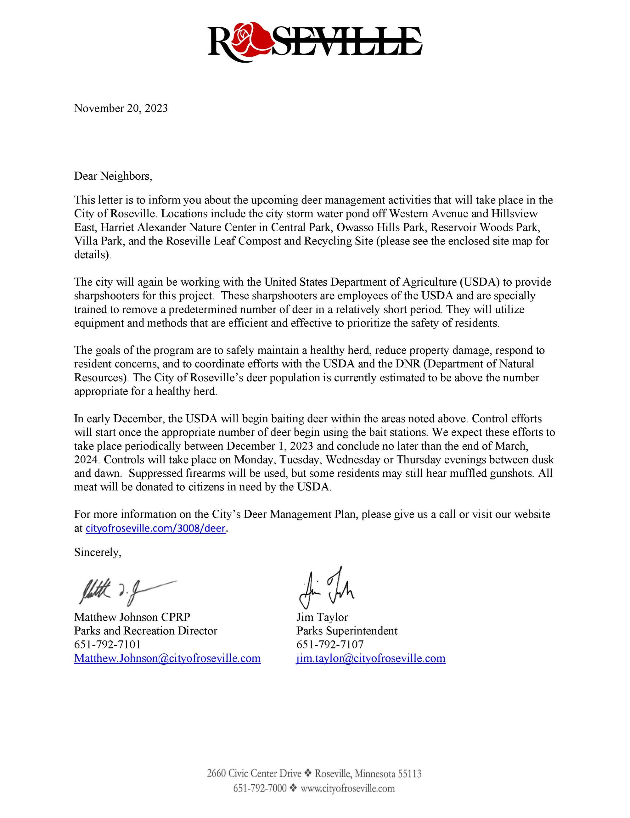2023-2024 Deer Reduction Letter FINAL