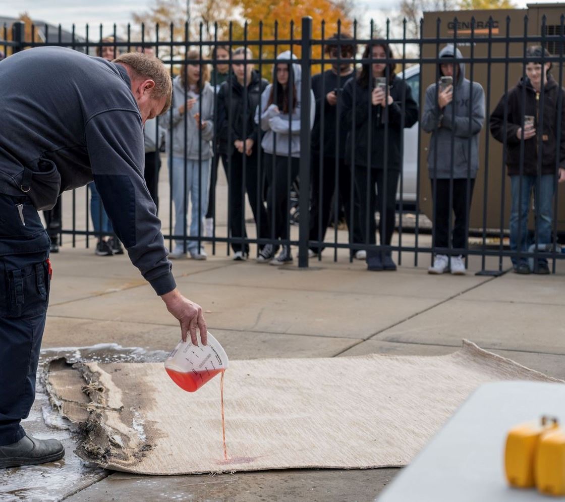 Students investigate the damage of the staged scene.